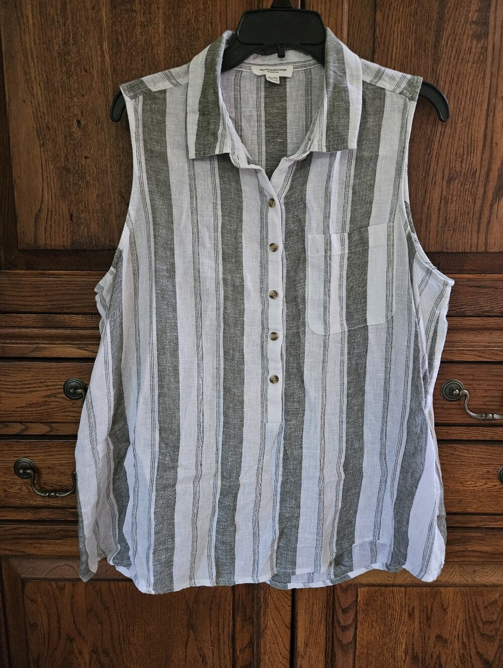 Beach Lunch Lounge Green and White Striped Linen Tank XL